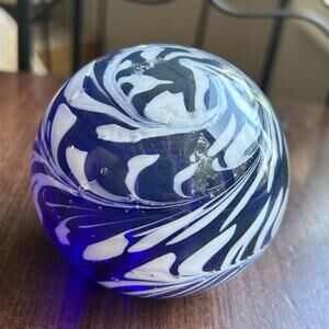 HAND BLOWN PAPERWEIGHT Round Glass COBALT BLUE with White Feathering 3 1/2"